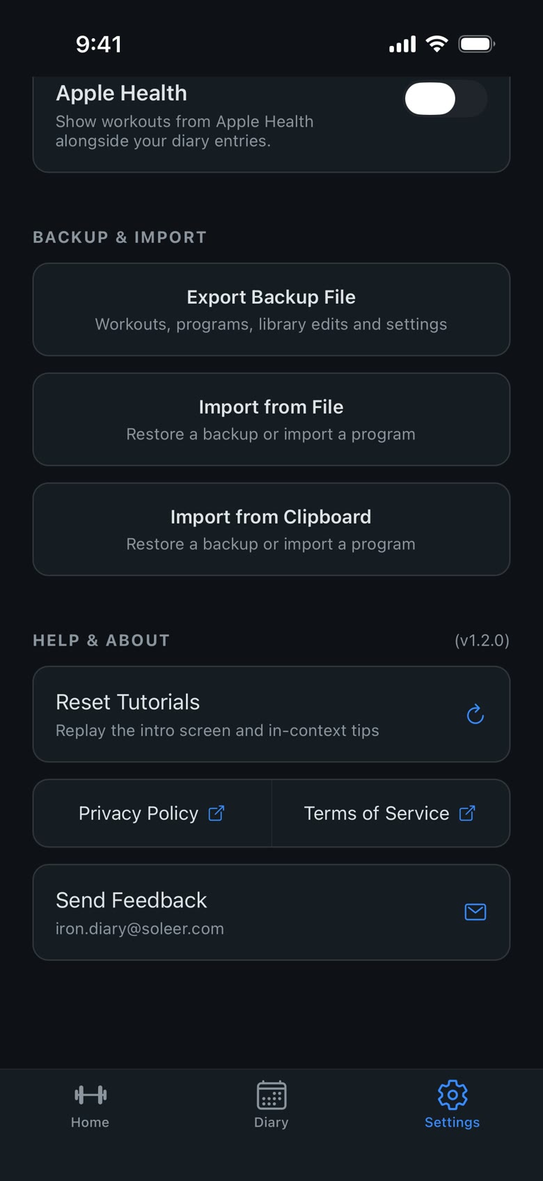 Settings: Export Backup File, Import from File, Import from Clipboard