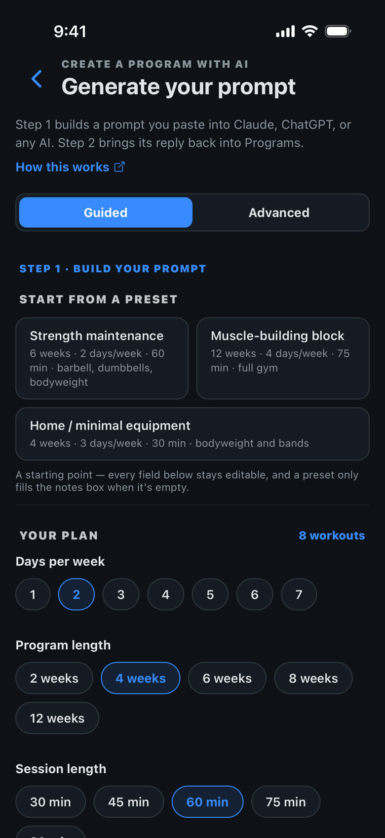 Create a Program with AI: presets, days per week, and program length