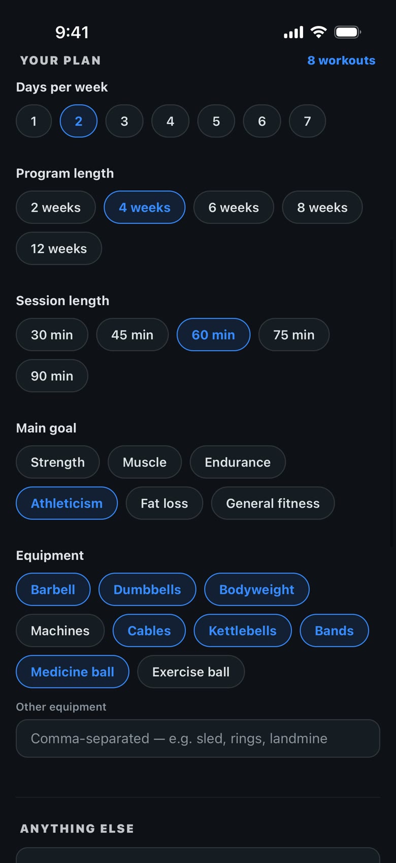 Guided mode: days per week, program length, session length, main goal, equipment chips, and the Other equipment field