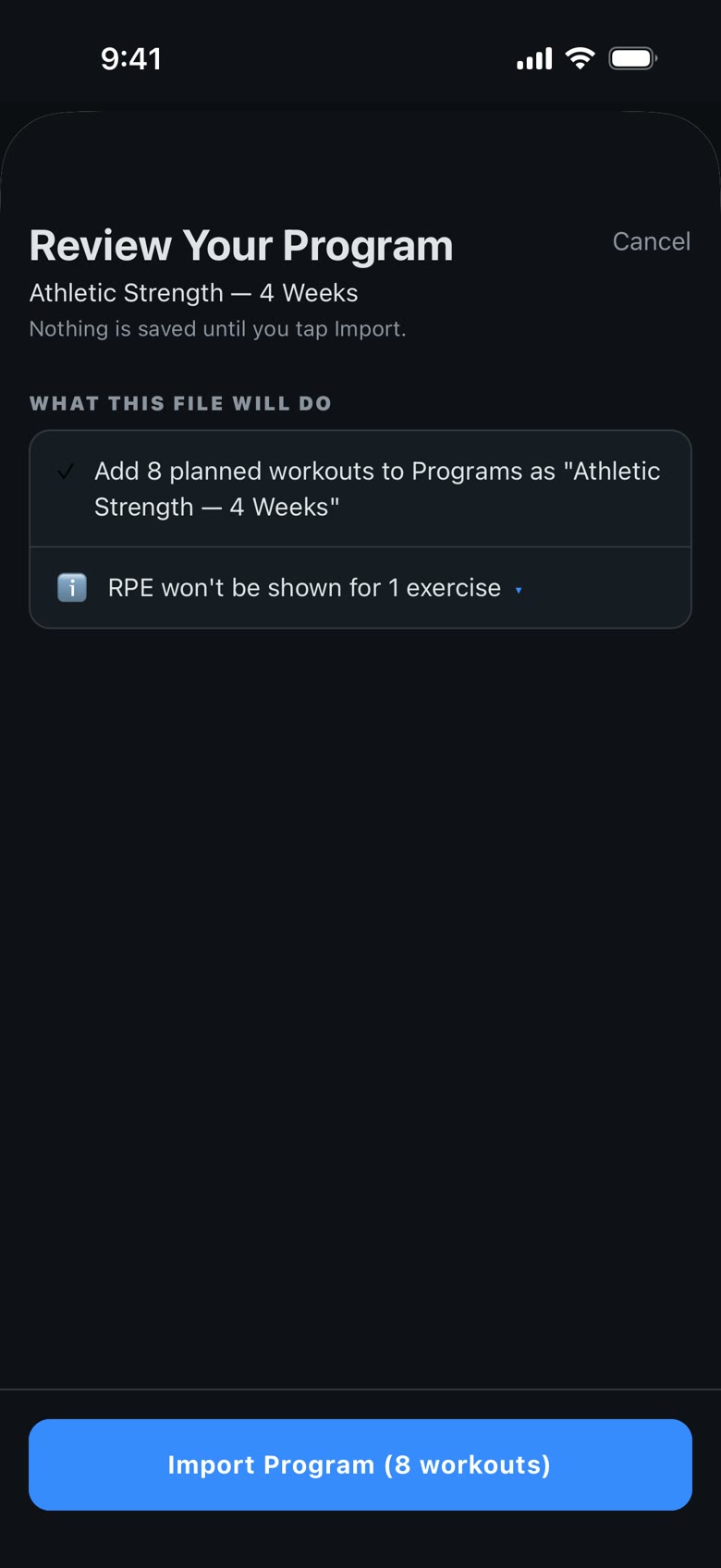 Review Your Program: Athletic Strength — 4 Weeks, add 8 planned workouts to Programs, and an Import Program (8 workouts) button