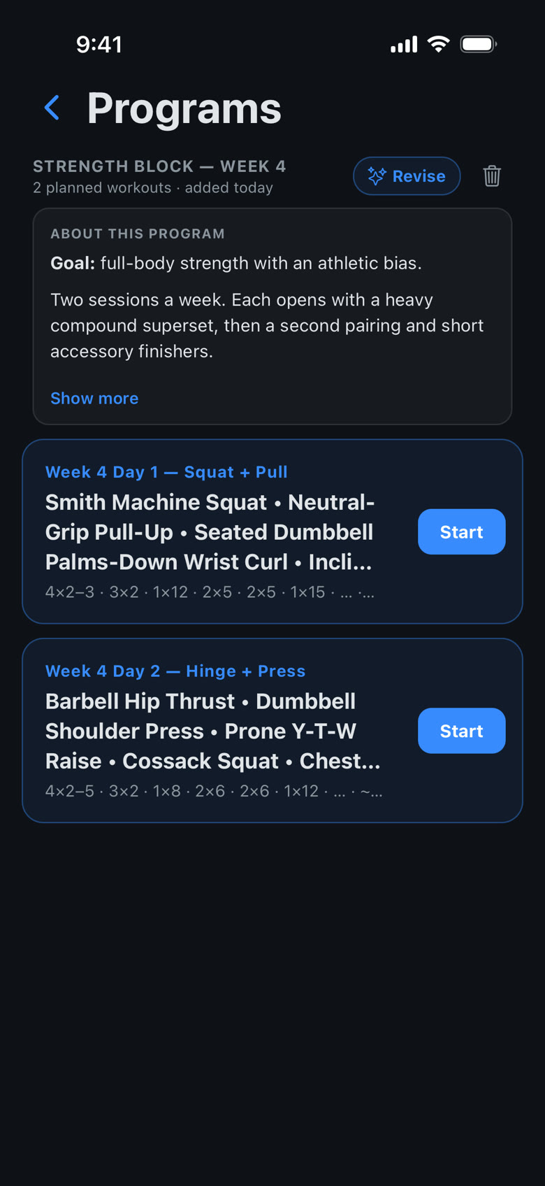 Programs: a two-day strength block with its overview and a Start button for each workout